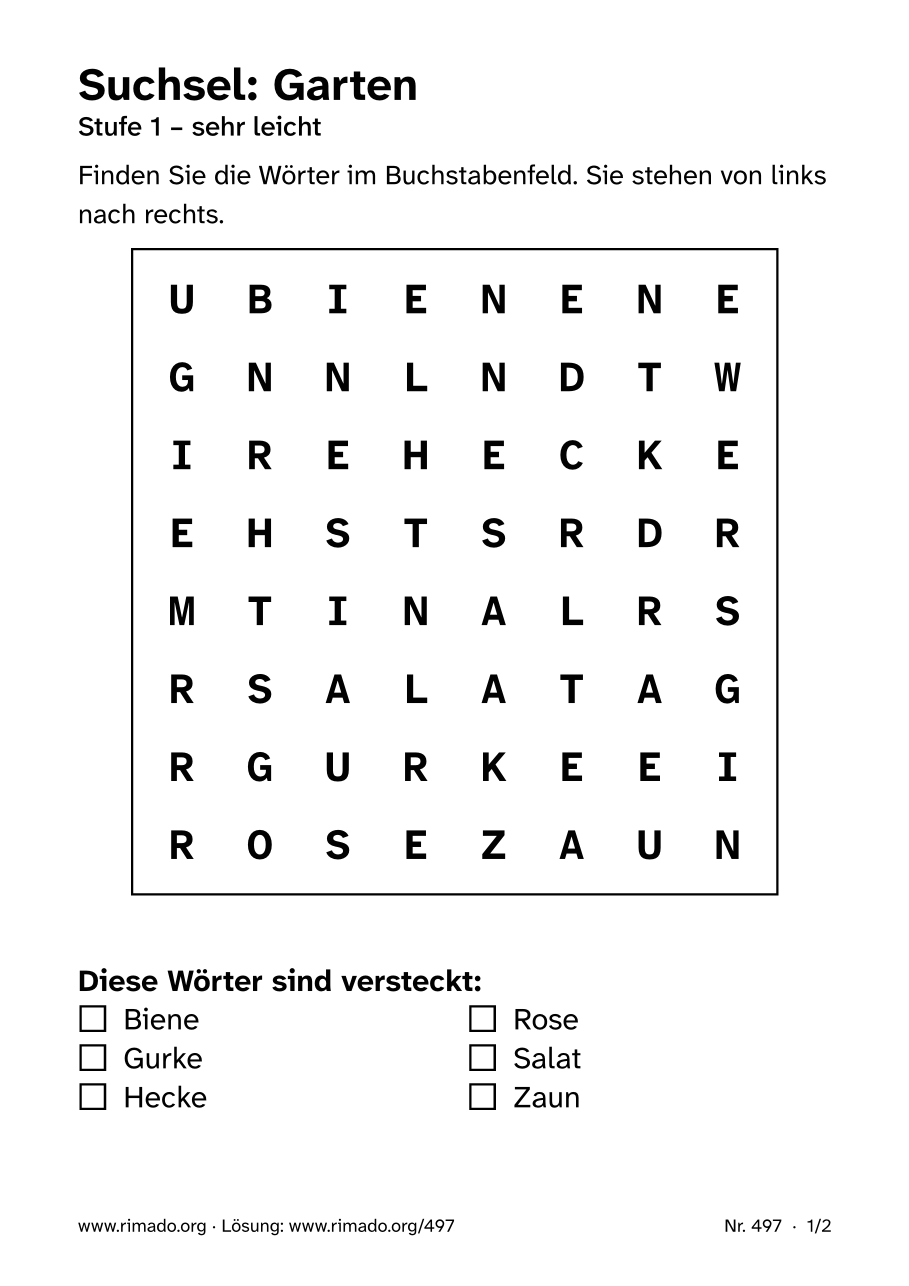 Vorschau der Druckseite: Suchsel „Garten“, Nr. 497