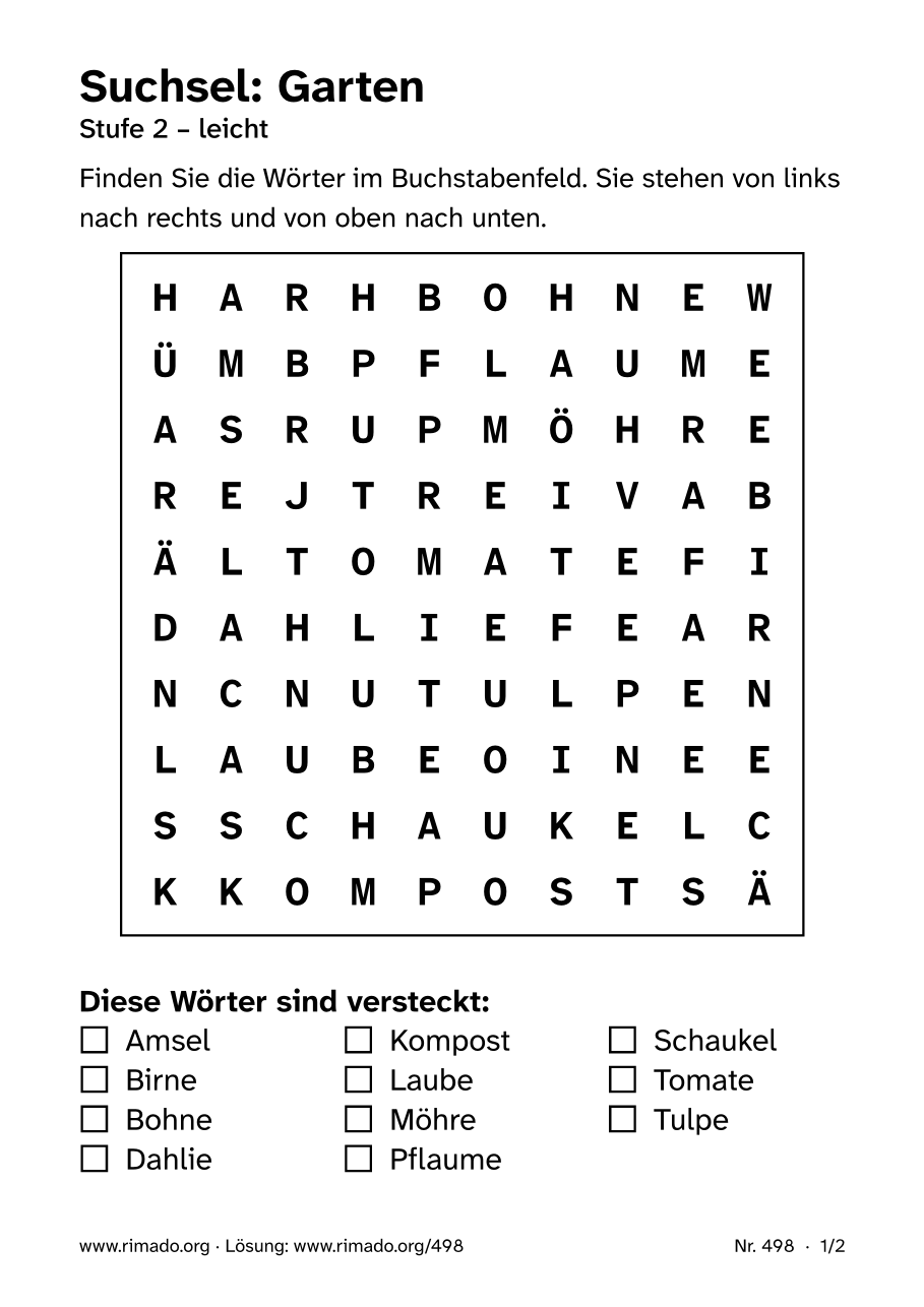 Vorschau der Druckseite: Suchsel „Garten“, Nr. 498