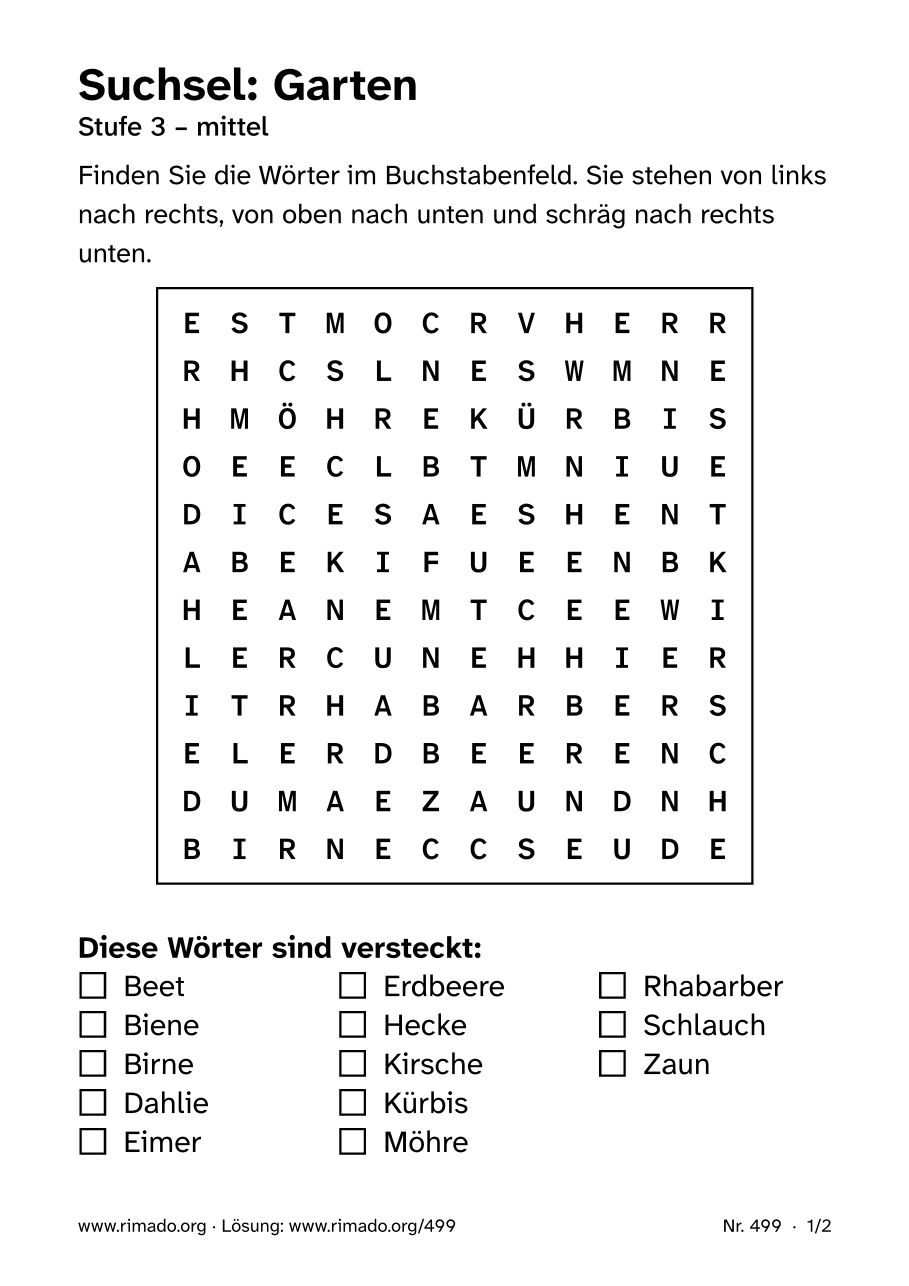 Vorschau der Druckseite: Suchsel „Garten“, Nr. 499