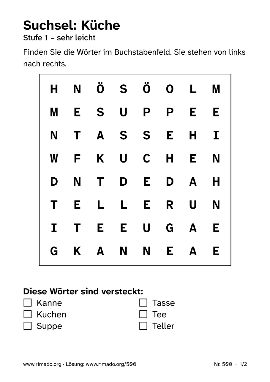 Vorschau der Druckseite: Suchsel „Küche“, Nr. 500