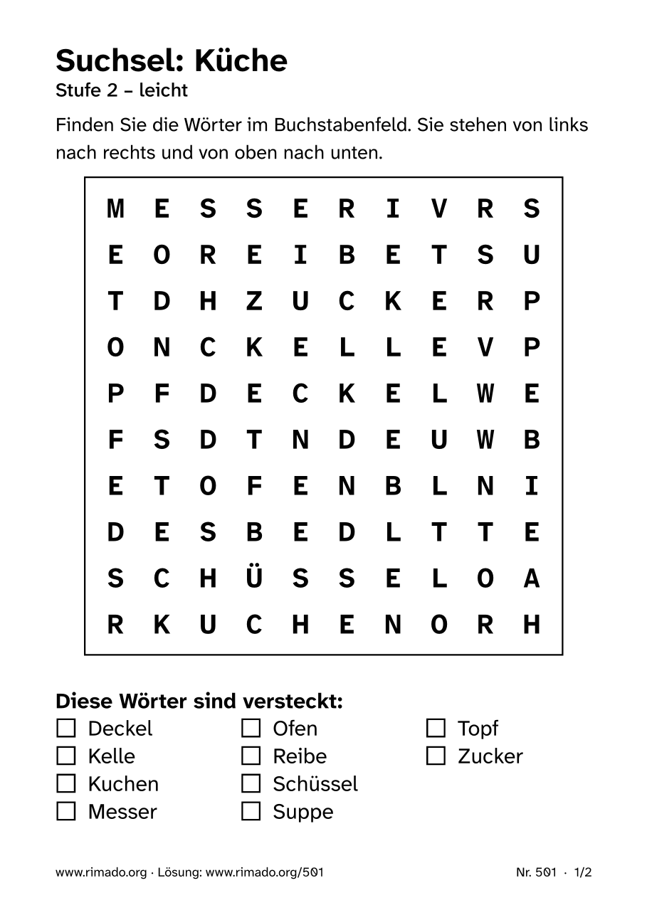 Vorschau der Druckseite: Suchsel „Küche“, Nr. 501