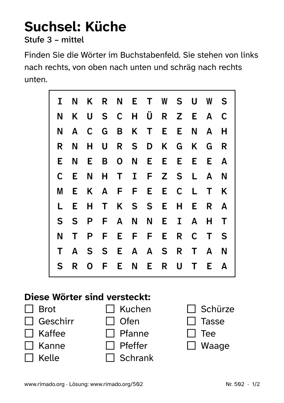 Vorschau der Druckseite: Suchsel „Küche“, Nr. 502