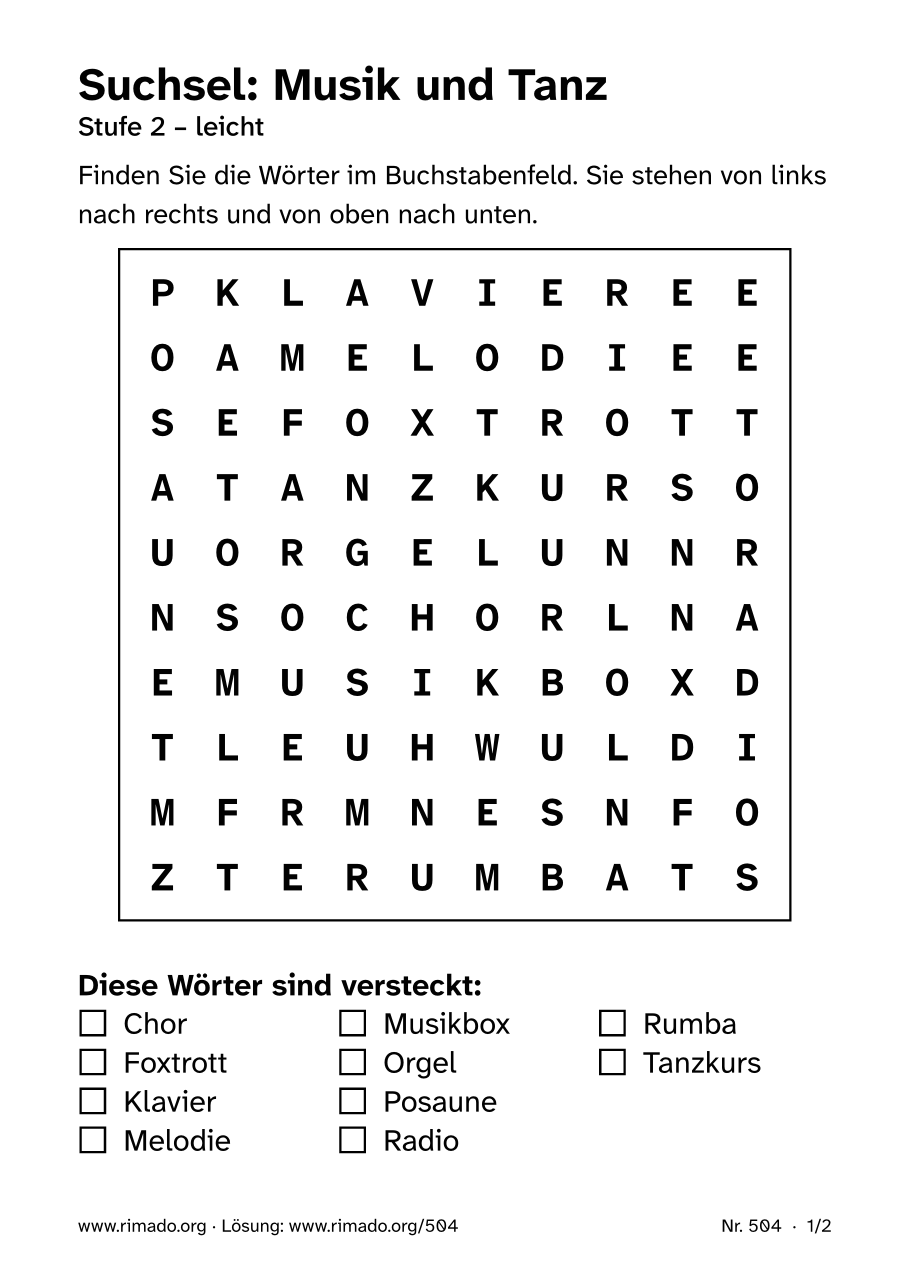 Vorschau der Druckseite: Suchsel „Musik und Tanz“, Nr. 504