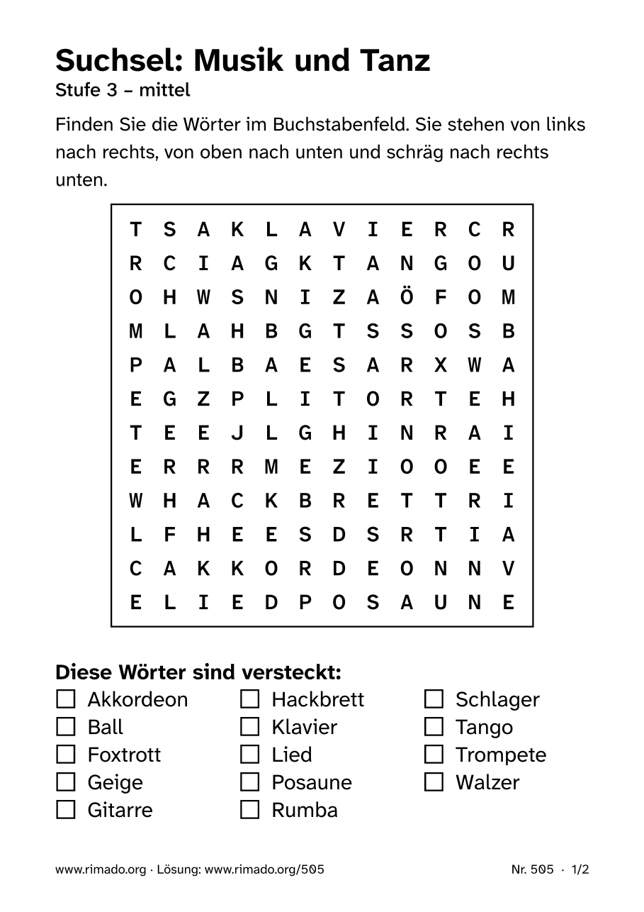 Vorschau der Druckseite: Suchsel „Musik und Tanz“, Nr. 505