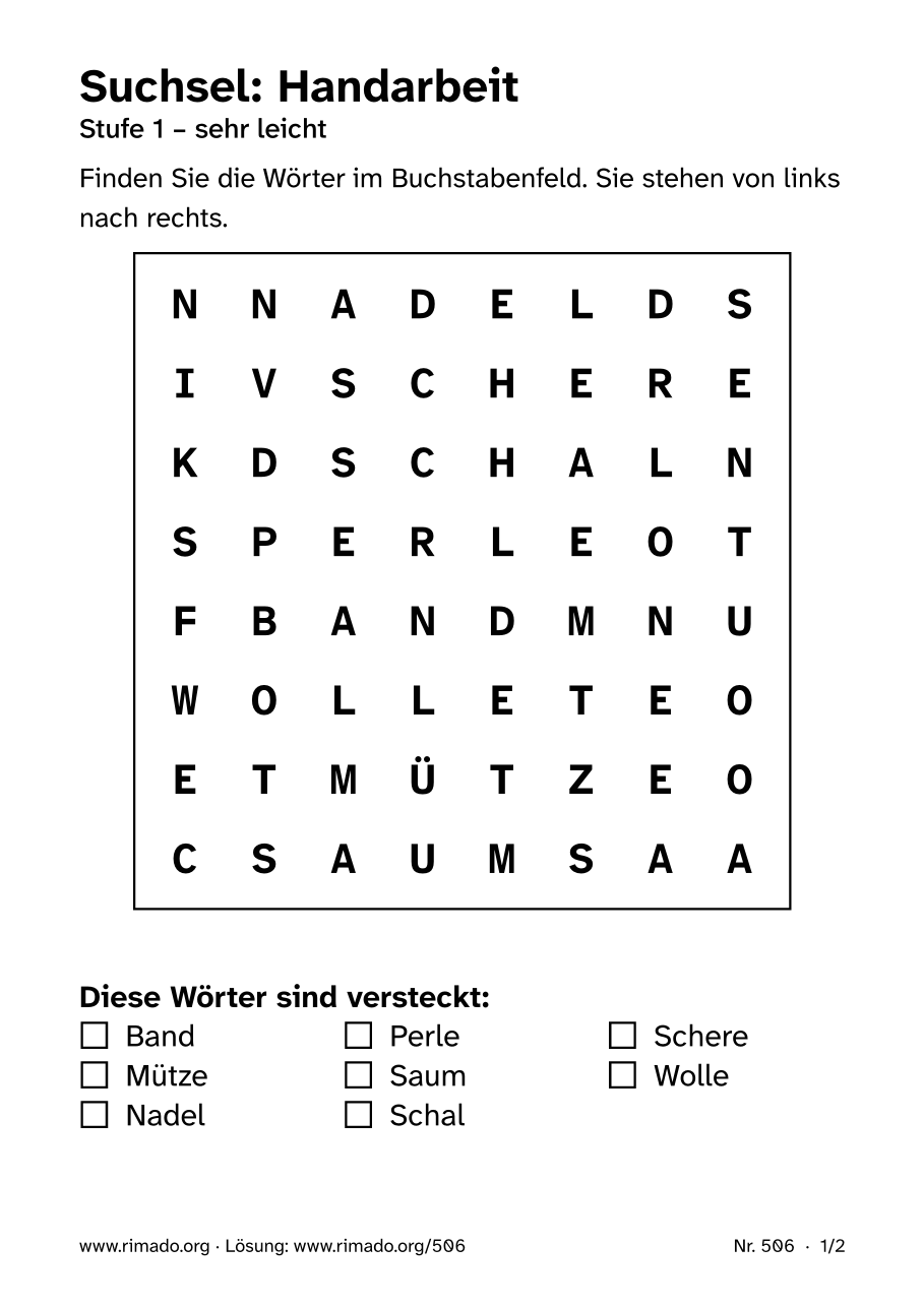Vorschau der Druckseite: Suchsel „Handarbeit“, Nr. 506