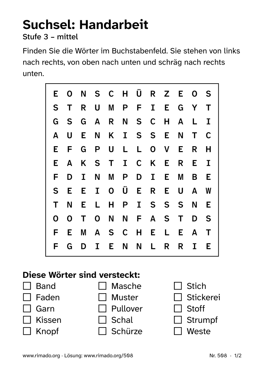 Vorschau der Druckseite: Suchsel „Handarbeit“, Nr. 508