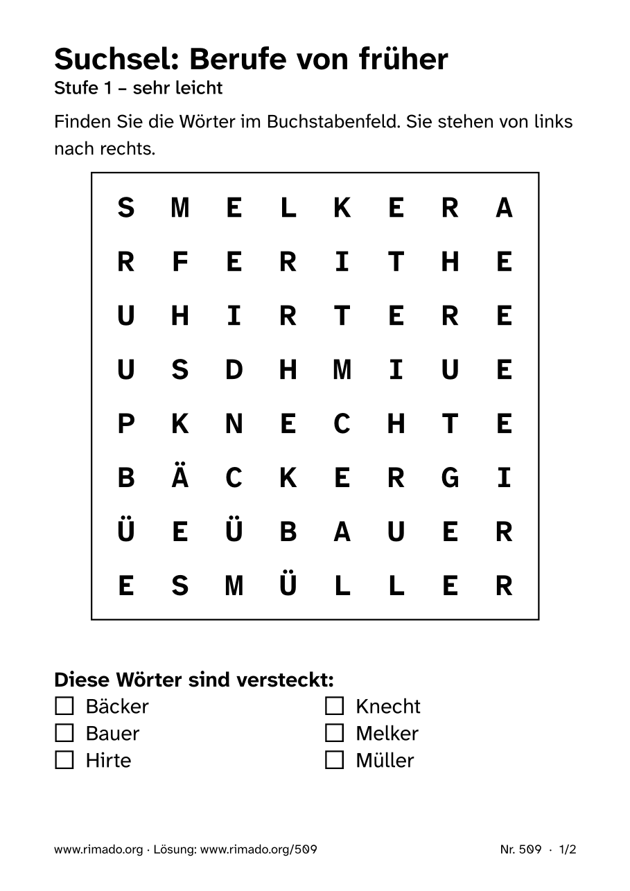 Vorschau der Druckseite: Suchsel „Berufe von früher“, Nr. 509
