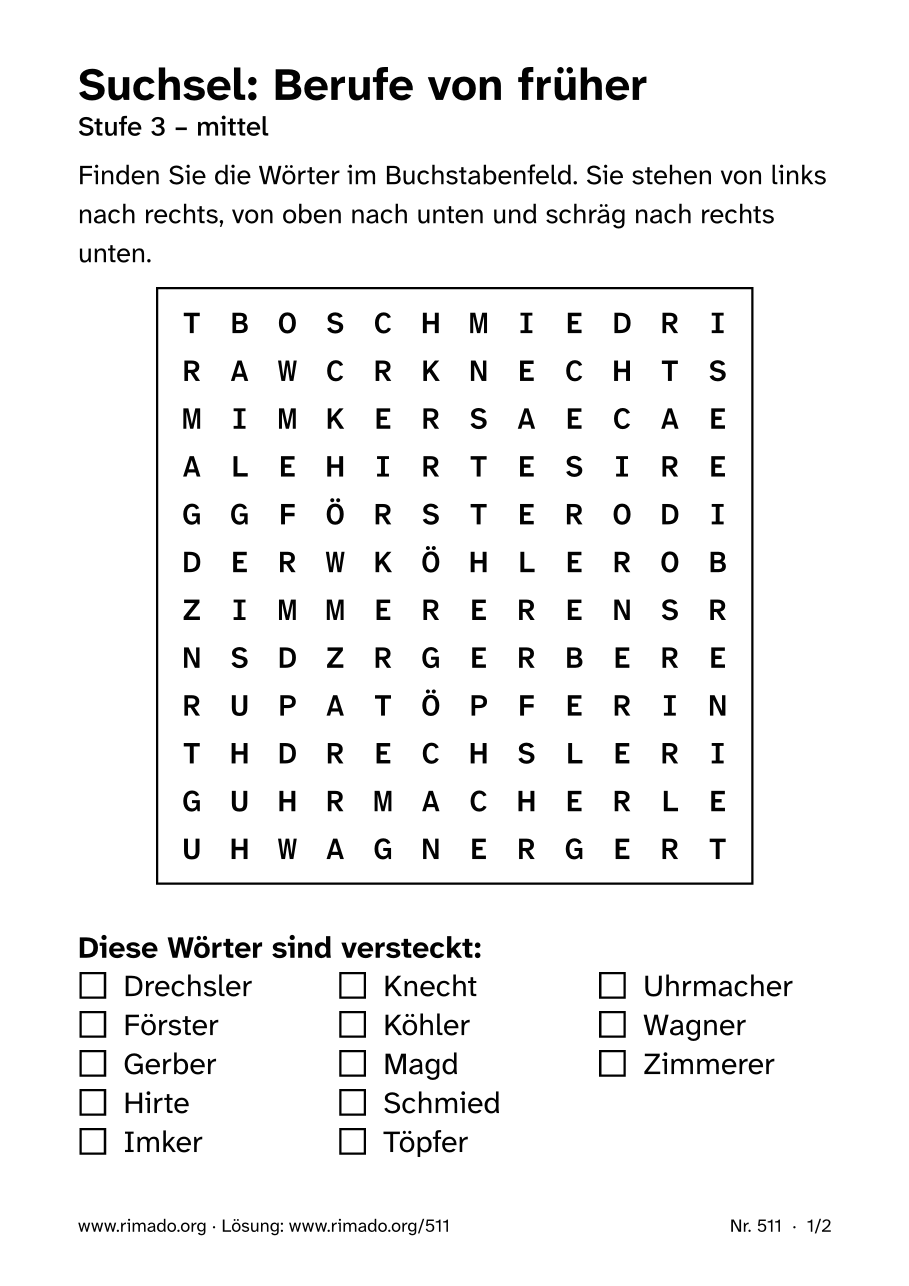 Vorschau der Druckseite: Suchsel „Berufe von früher“, Nr. 511
