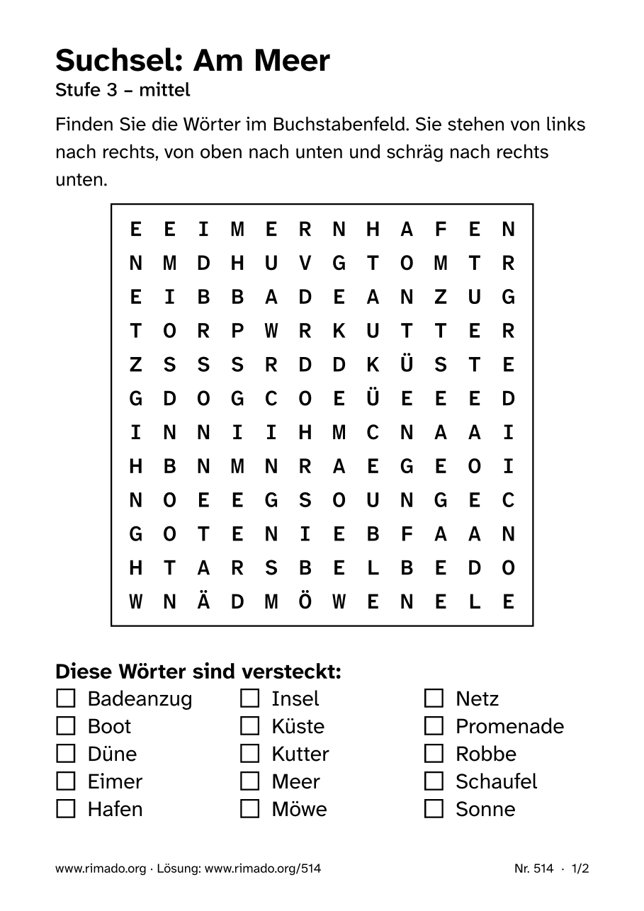 Vorschau der Druckseite: Suchsel „Am Meer“, Nr. 514