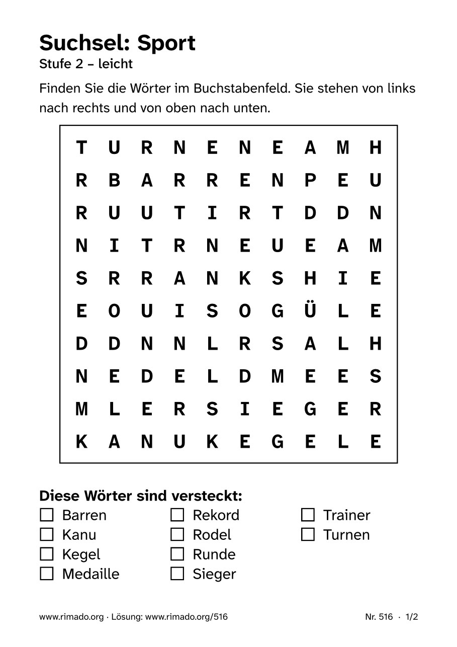 Vorschau der Druckseite: Suchsel „Sport“, Nr. 516