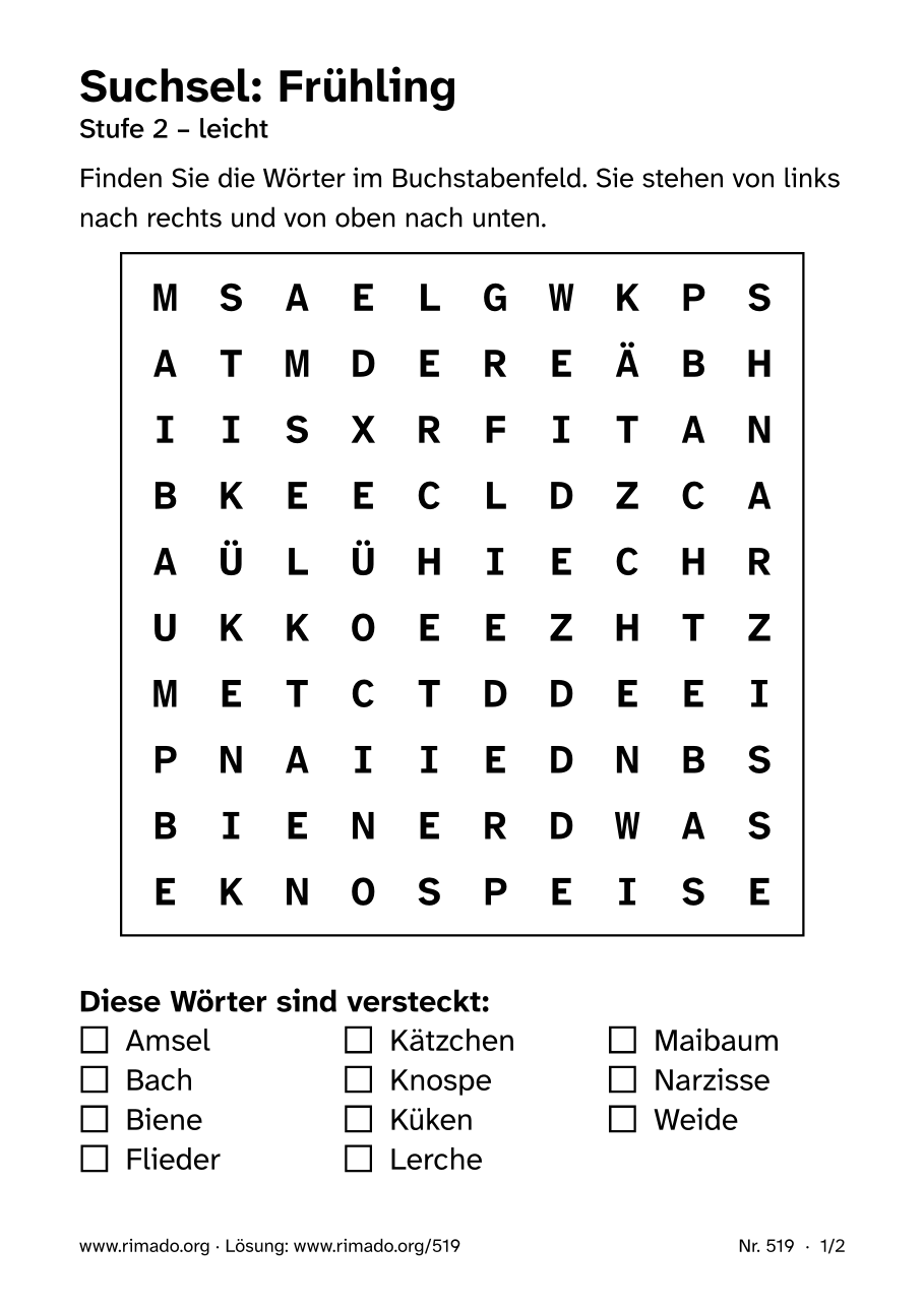 Vorschau der Druckseite: Suchsel „Frühling“, Nr. 519