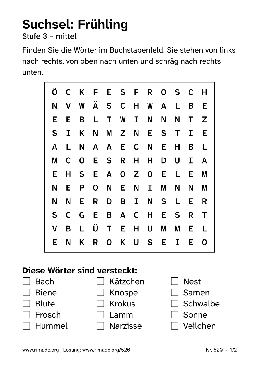 Vorschau der Druckseite: Suchsel „Frühling“, Nr. 520