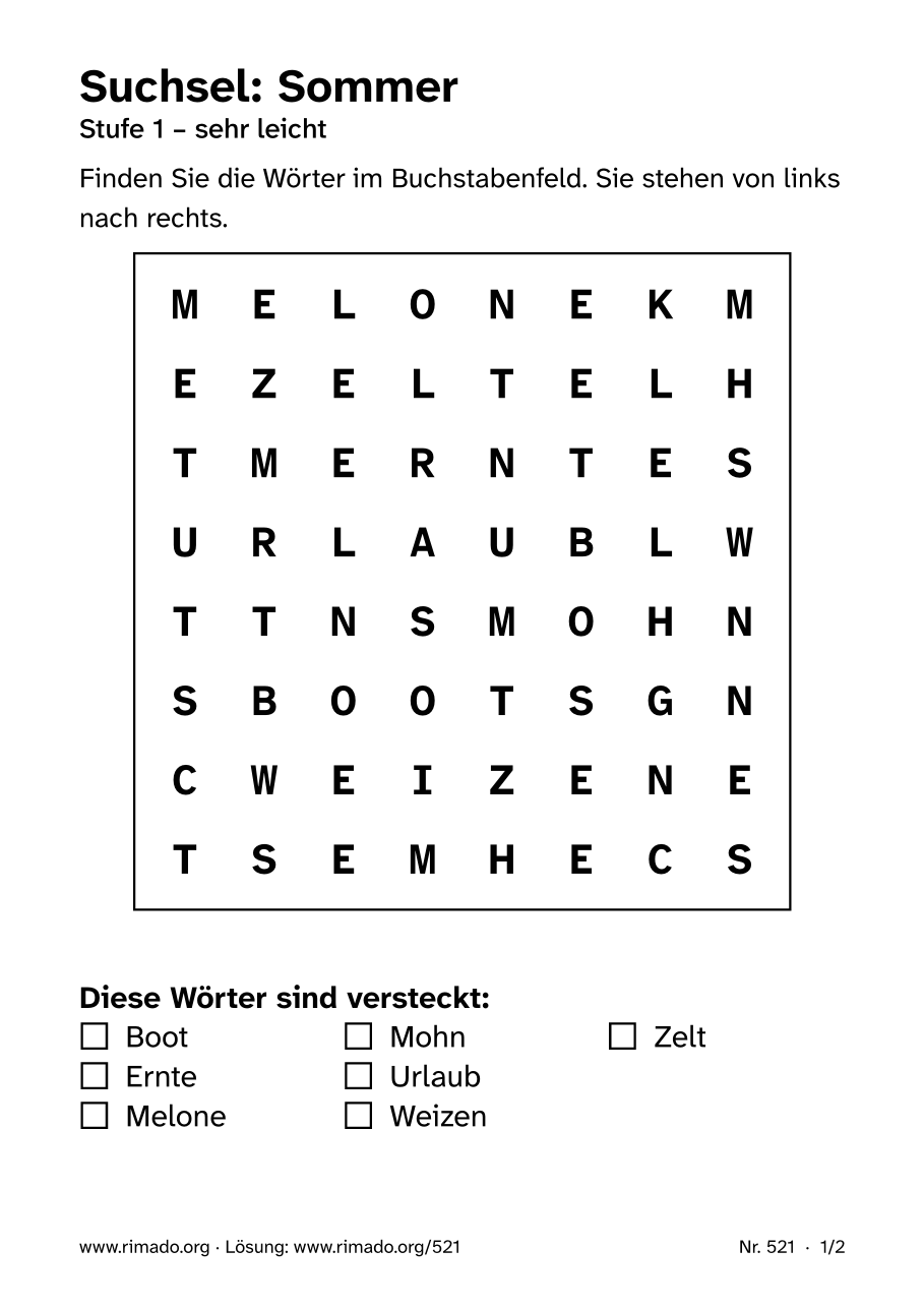 Vorschau der Druckseite: Suchsel „Sommer“, Nr. 521