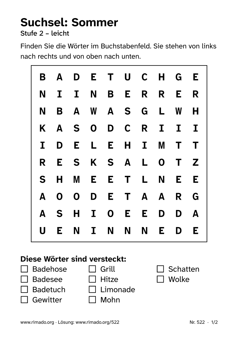 Vorschau der Druckseite: Suchsel „Sommer“, Nr. 522