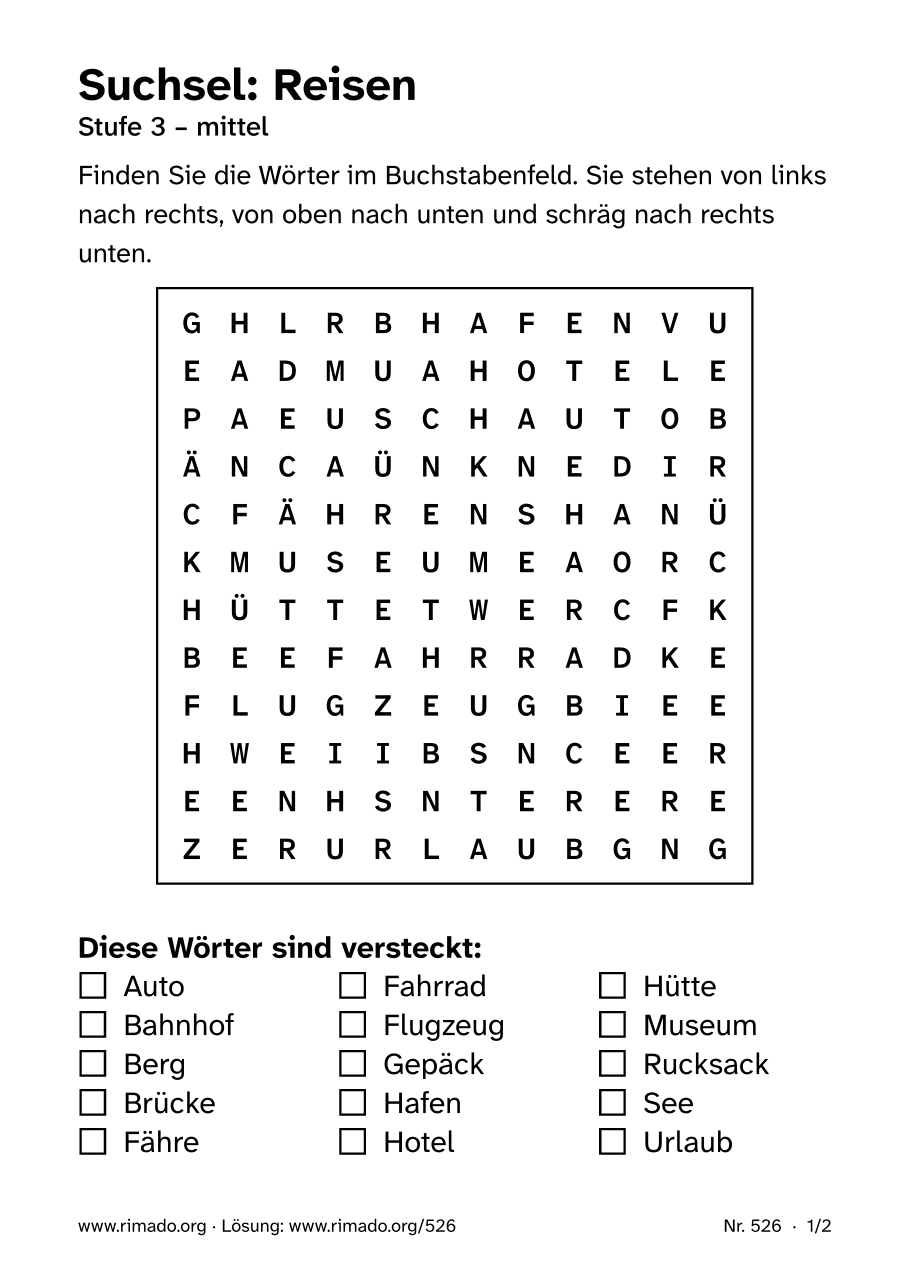 Vorschau der Druckseite: Suchsel „Reisen“, Nr. 526