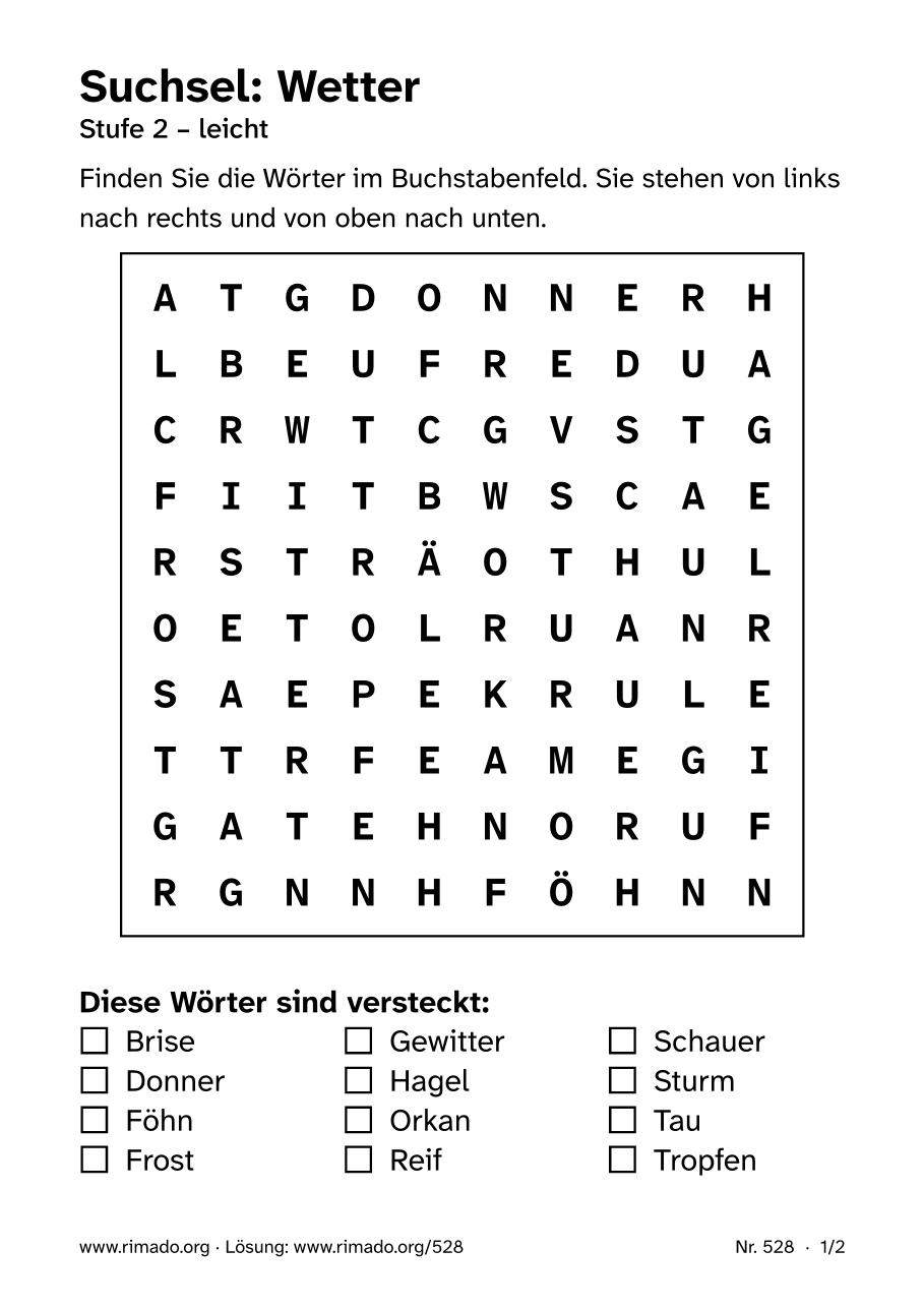 Vorschau der Druckseite: Suchsel „Wetter“, Nr. 528