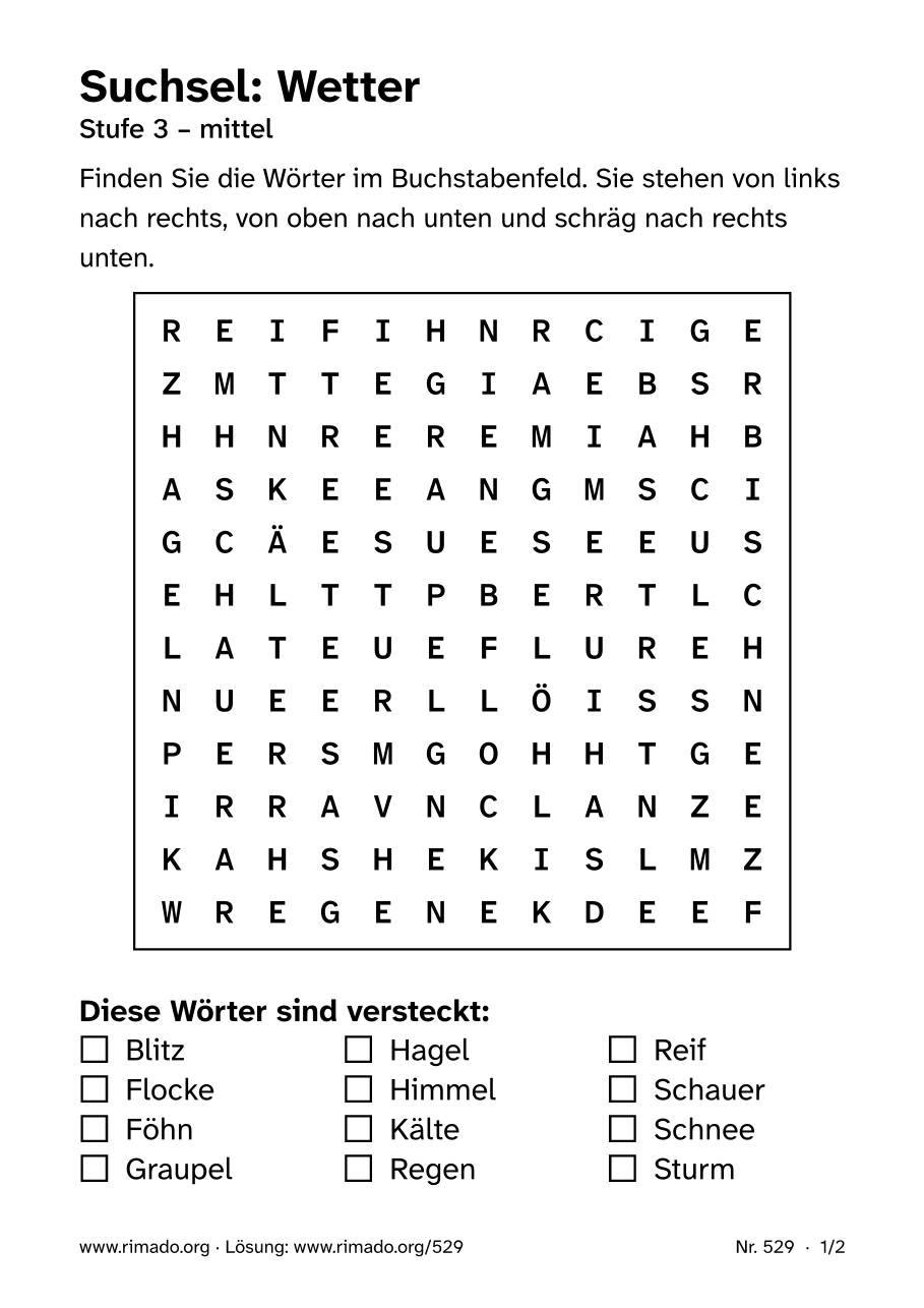 Vorschau der Druckseite: Suchsel „Wetter“, Nr. 529