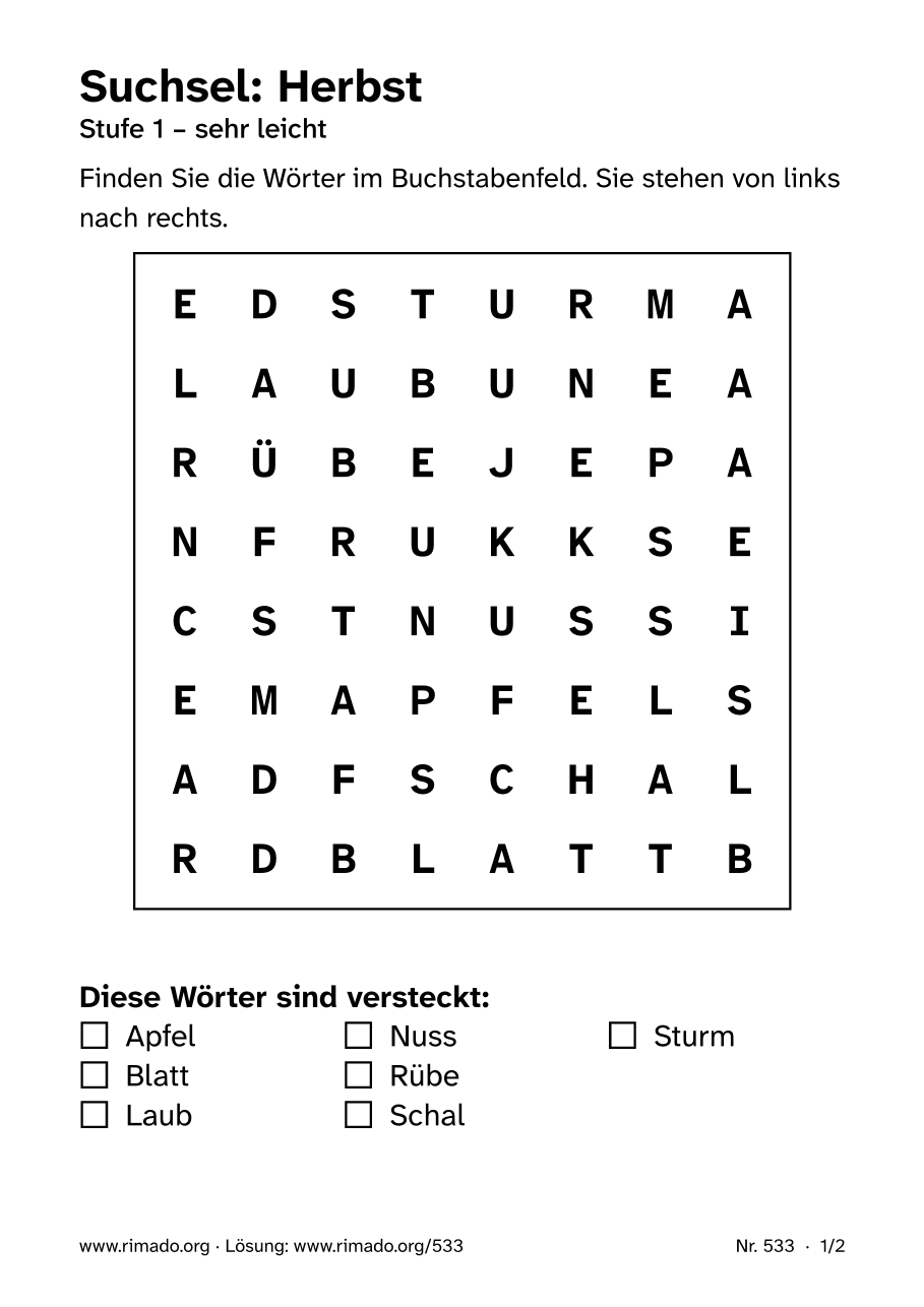 Vorschau der Druckseite: Suchsel „Herbst“, Nr. 533