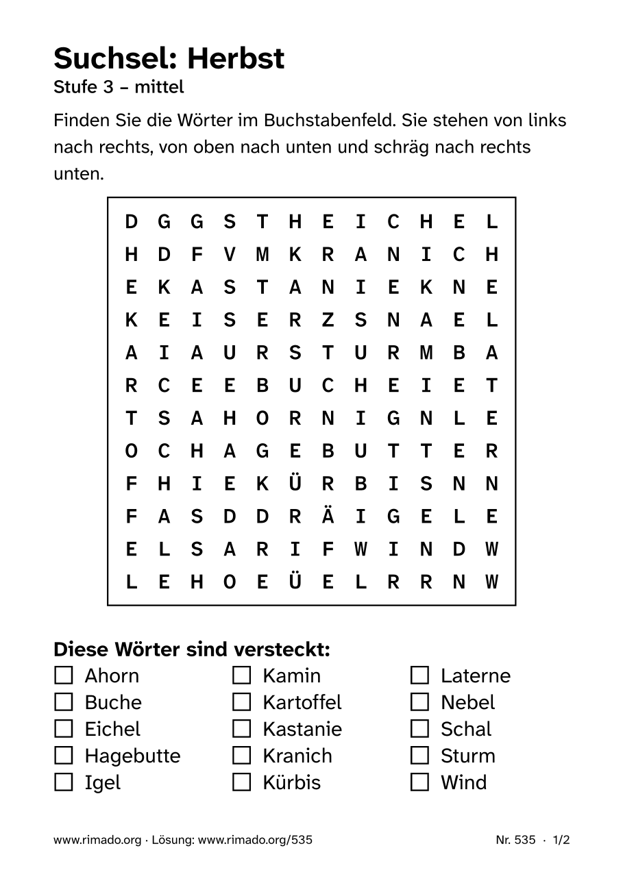 Vorschau der Druckseite: Suchsel „Herbst“, Nr. 535