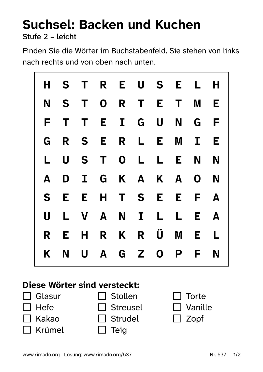 Vorschau der Druckseite: Suchsel „Backen und Kuchen“, Nr. 537