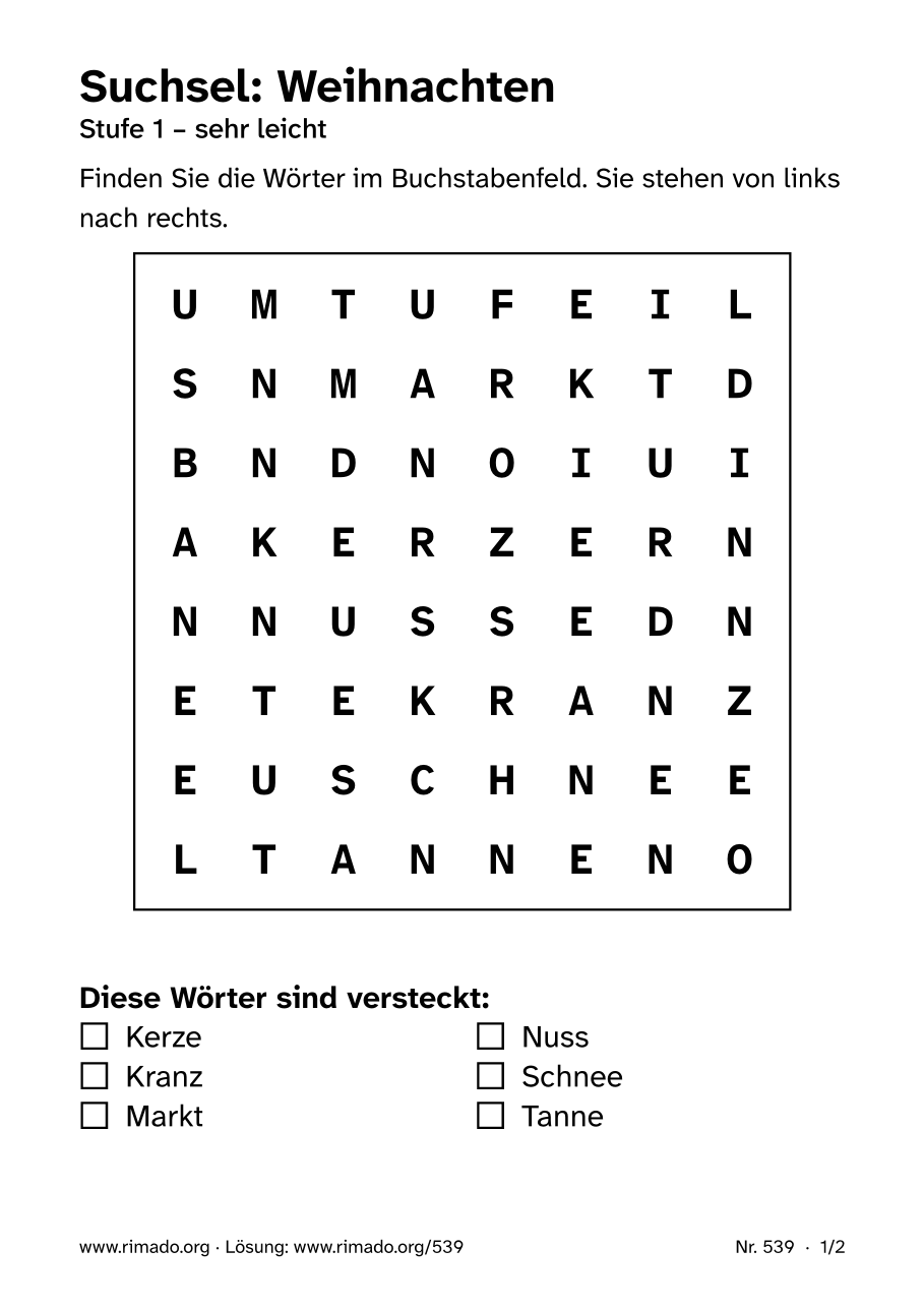 Vorschau der Druckseite: Suchsel „Weihnachten“, Nr. 539