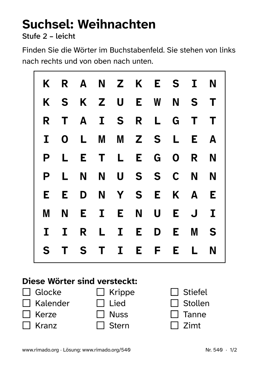 Vorschau der Druckseite: Suchsel „Weihnachten“, Nr. 540