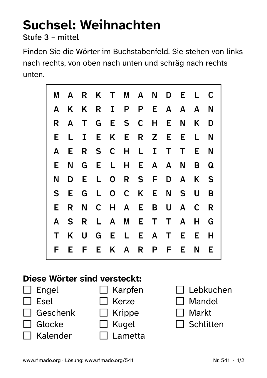 Vorschau der Druckseite: Suchsel „Weihnachten“, Nr. 541