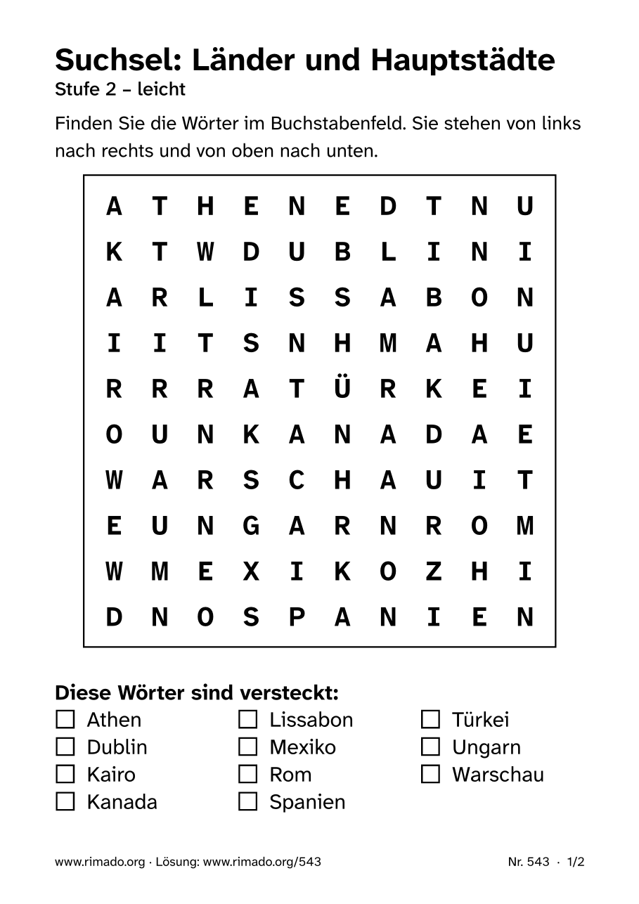 Vorschau der Druckseite: Suchsel „Länder und Hauptstädte“, Nr. 543