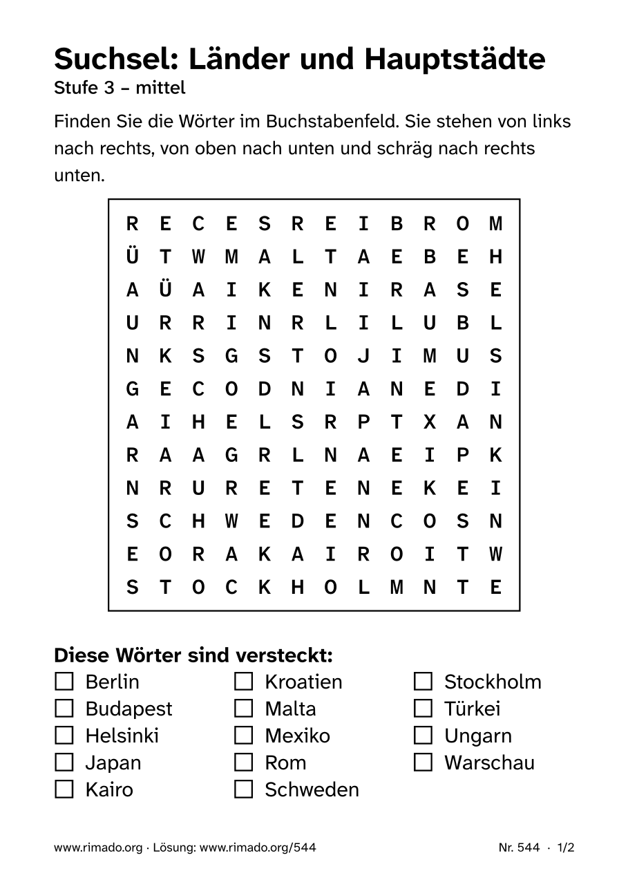 Vorschau der Druckseite: Suchsel „Länder und Hauptstädte“, Nr. 544