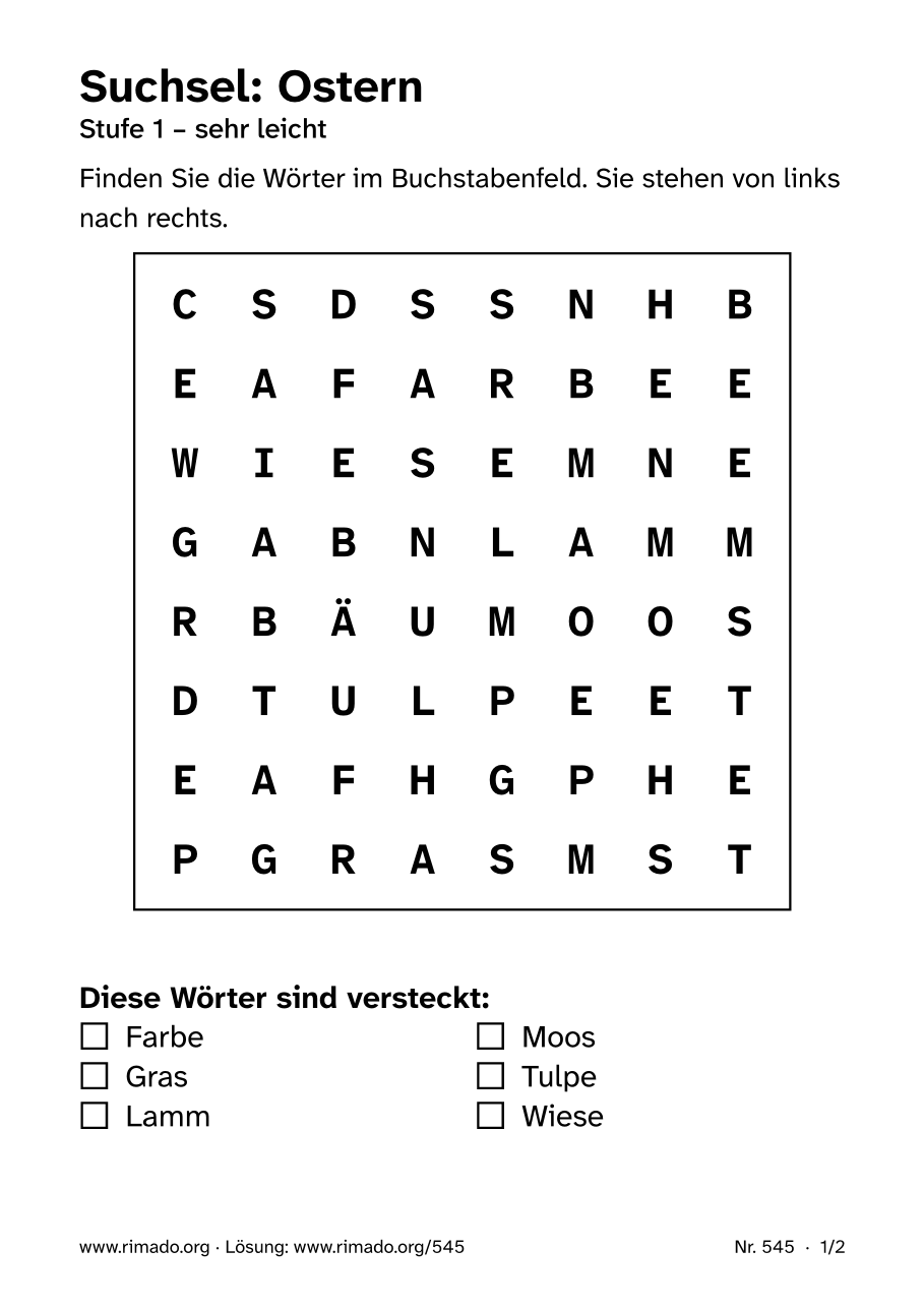 Vorschau der Druckseite: Suchsel „Ostern“, Nr. 545
