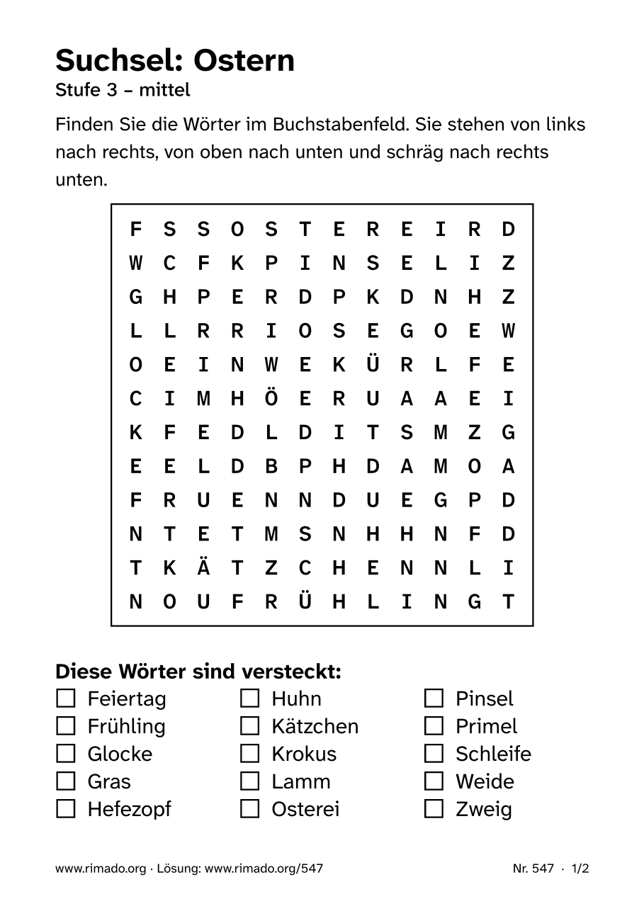 Vorschau der Druckseite: Suchsel „Ostern“, Nr. 547