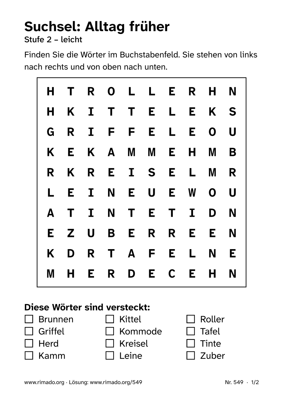 Vorschau der Druckseite: Suchsel „Alltag früher“, Nr. 549