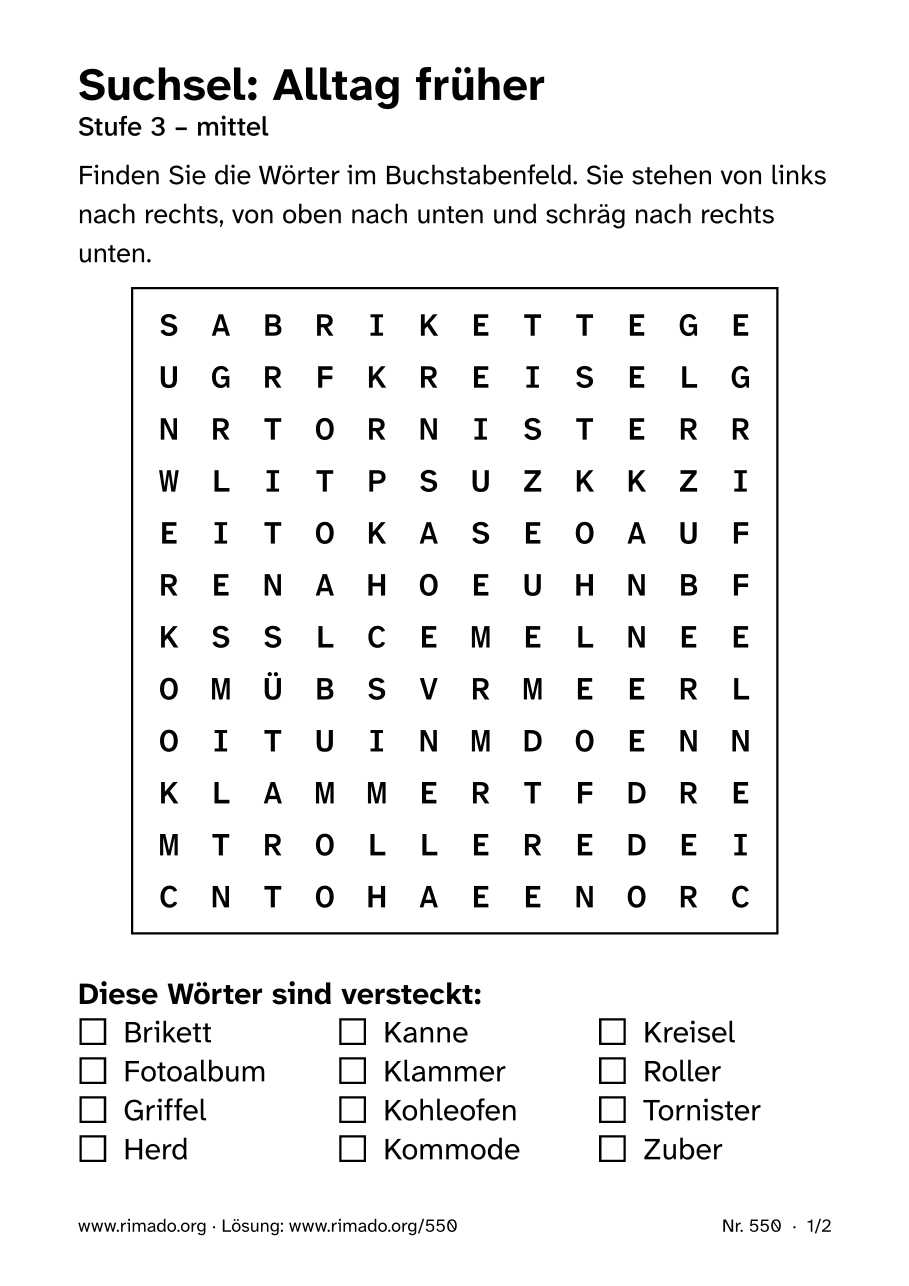 Vorschau der Druckseite: Suchsel „Alltag früher“, Nr. 550