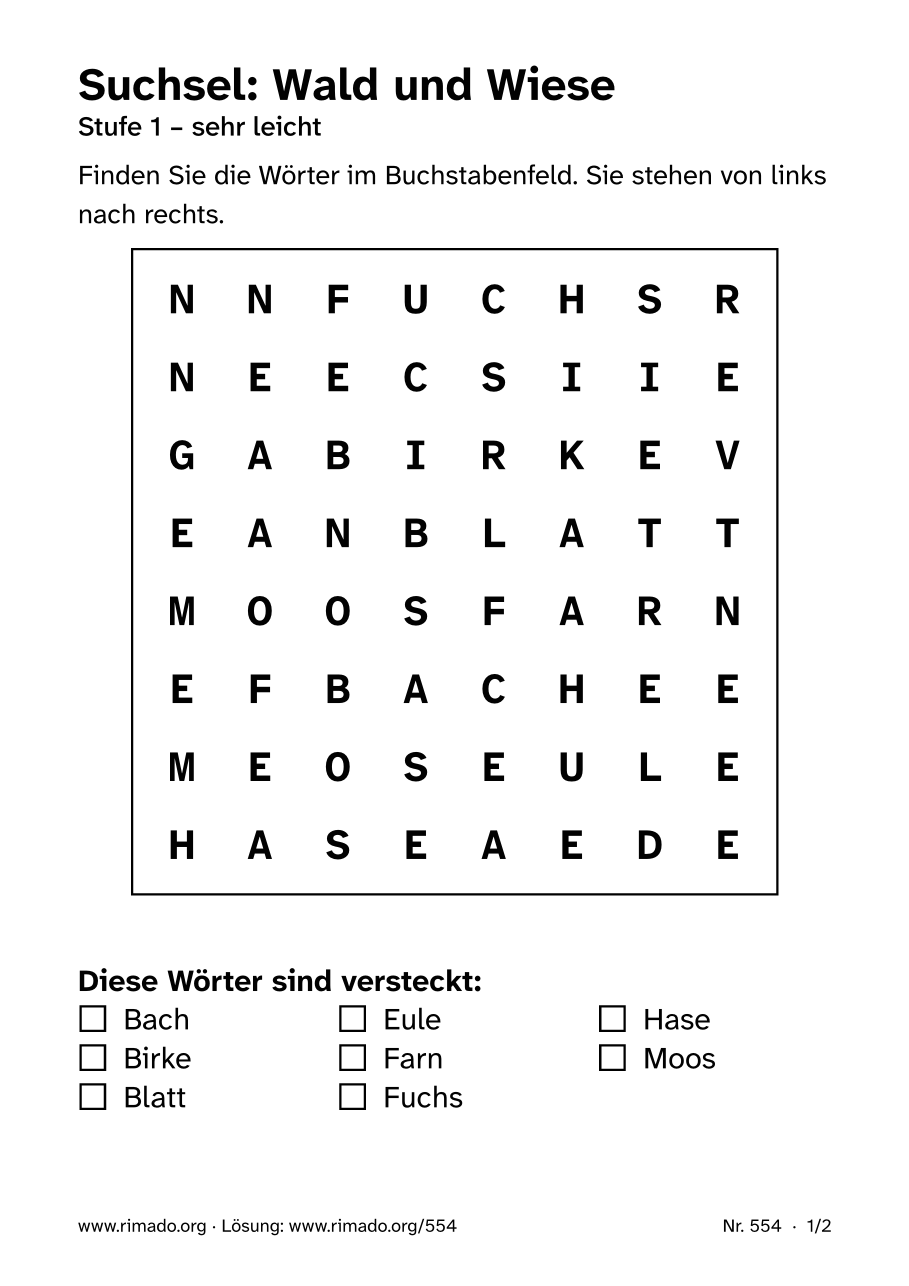 Vorschau der Druckseite: Suchsel „Wald und Wiese“, Nr. 554