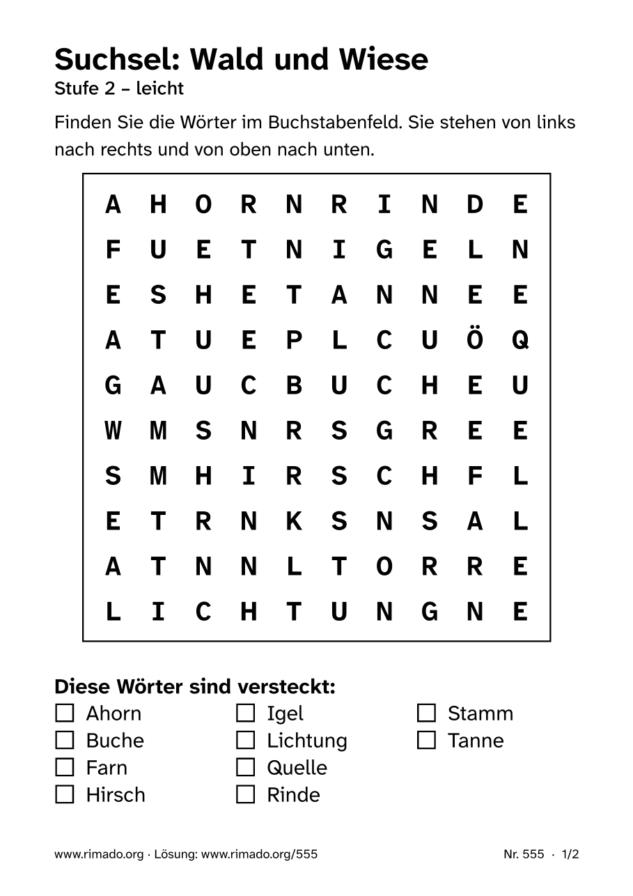Vorschau der Druckseite: Suchsel „Wald und Wiese“, Nr. 555