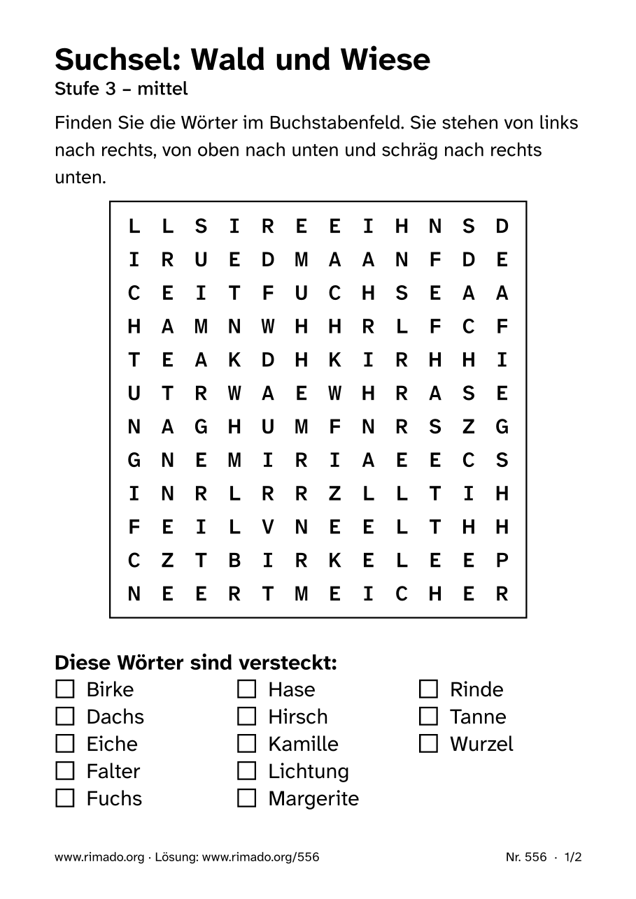 Vorschau der Druckseite: Suchsel „Wald und Wiese“, Nr. 556