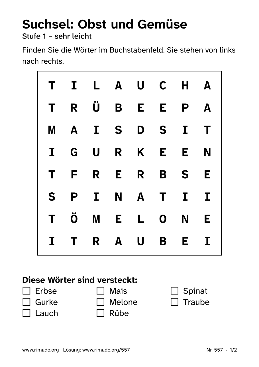 Vorschau der Druckseite: Suchsel „Obst und Gemüse“, Nr. 557