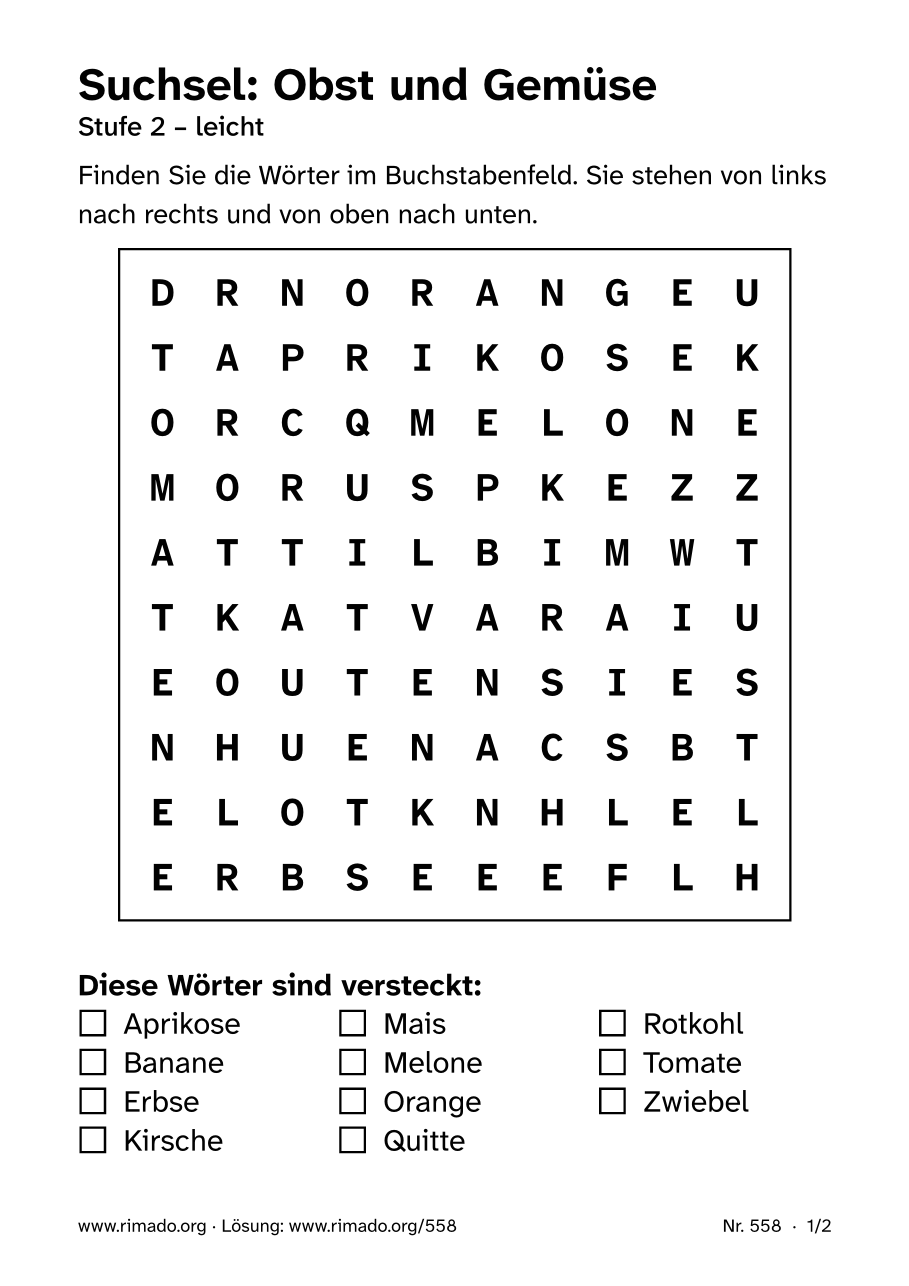 Vorschau der Druckseite: Suchsel „Obst und Gemüse“, Nr. 558