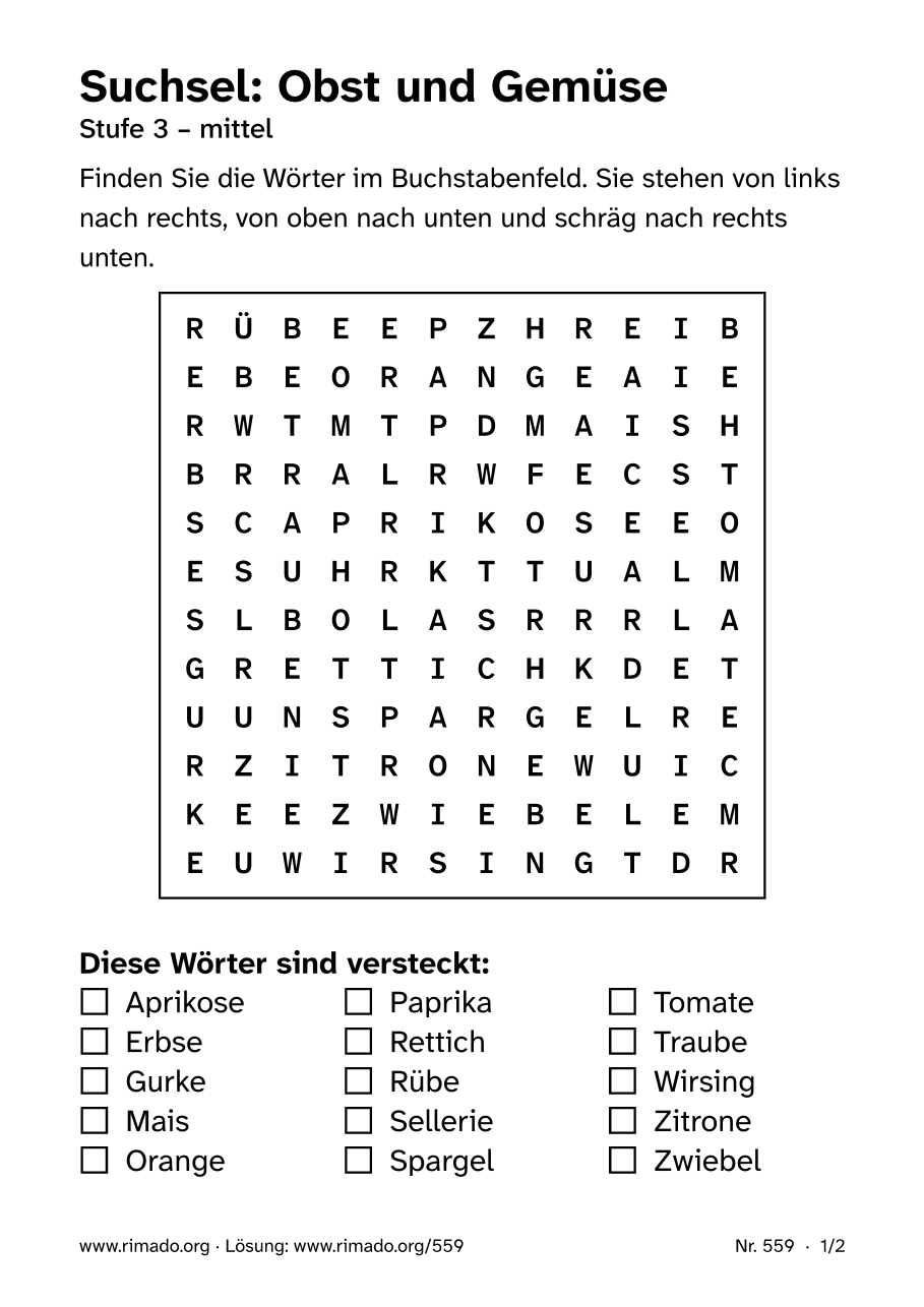 Vorschau der Druckseite: Suchsel „Obst und Gemüse“, Nr. 559