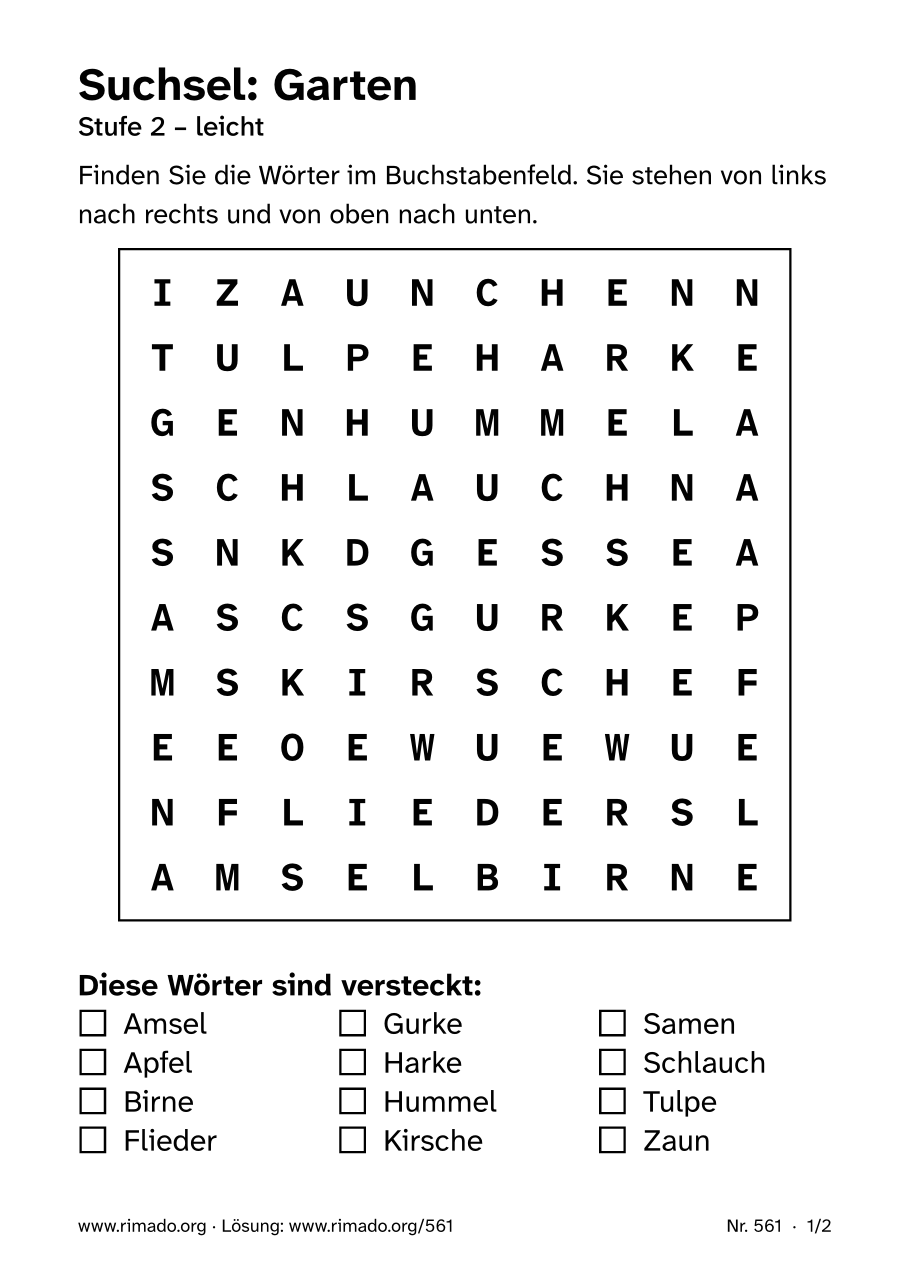 Vorschau der Druckseite: Suchsel „Garten“, Nr. 561