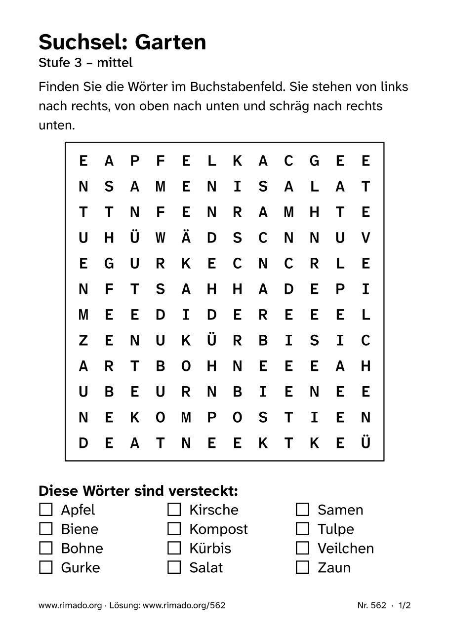 Vorschau der Druckseite: Suchsel „Garten“, Nr. 562