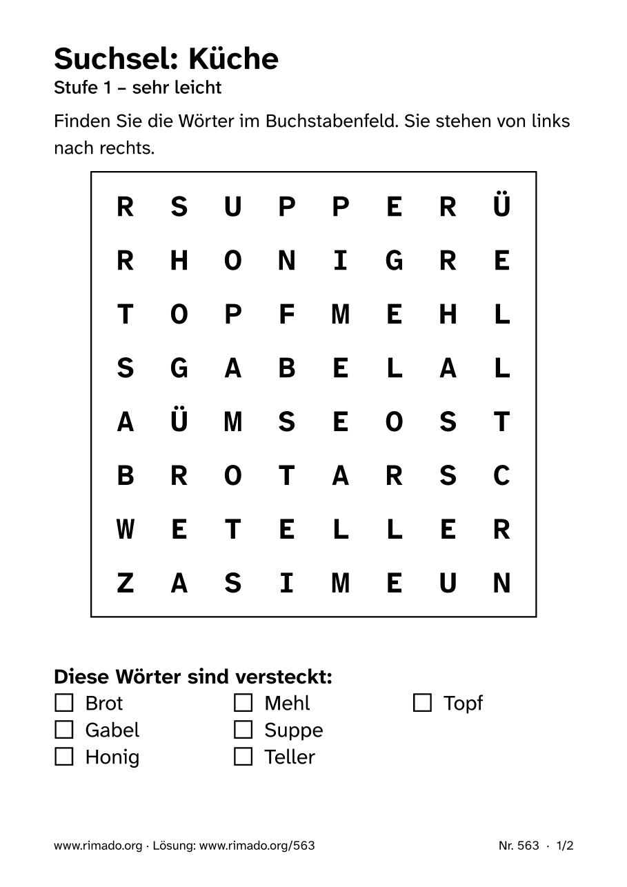 Vorschau der Druckseite: Suchsel „Küche“, Nr. 563