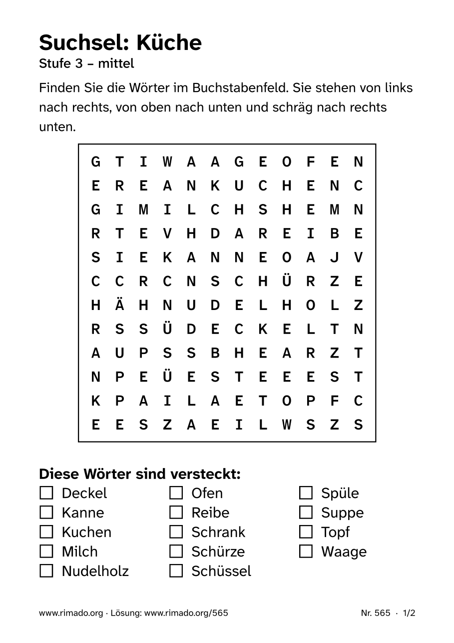 Vorschau der Druckseite: Suchsel „Küche“, Nr. 565