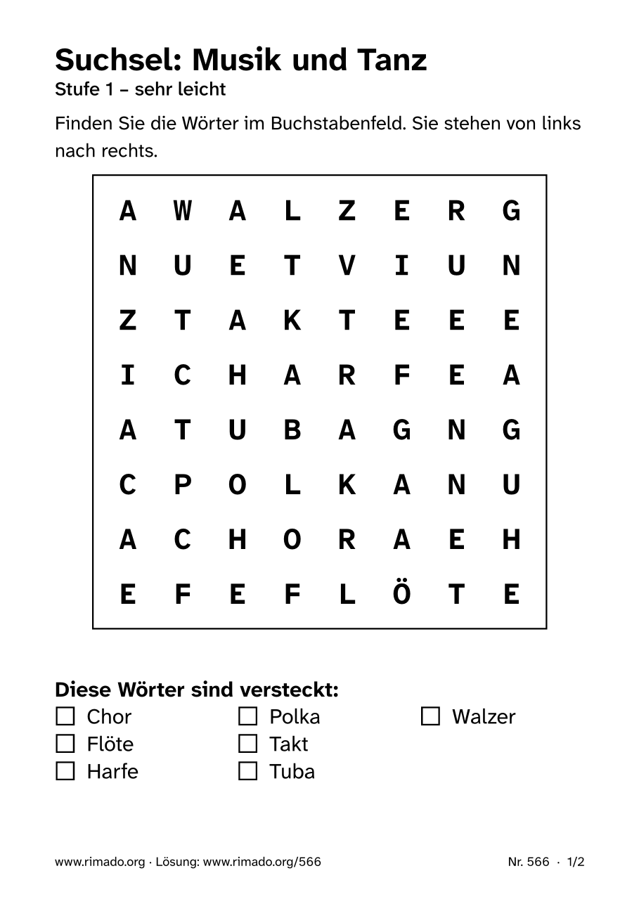 Vorschau der Druckseite: Suchsel „Musik und Tanz“, Nr. 566