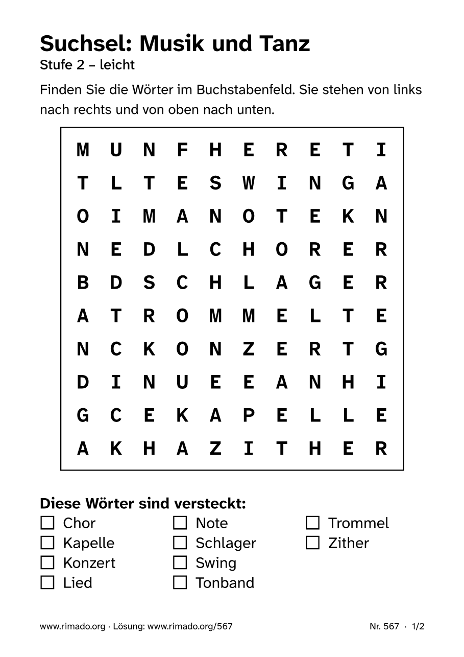 Vorschau der Druckseite: Suchsel „Musik und Tanz“, Nr. 567