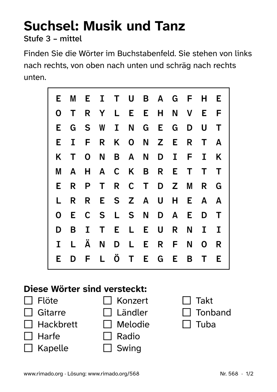 Vorschau der Druckseite: Suchsel „Musik und Tanz“, Nr. 568