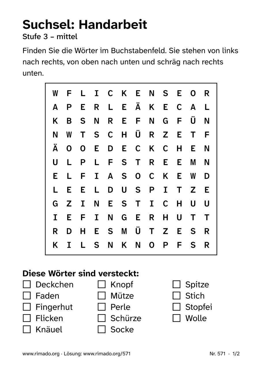 Vorschau der Druckseite: Suchsel „Handarbeit“, Nr. 571