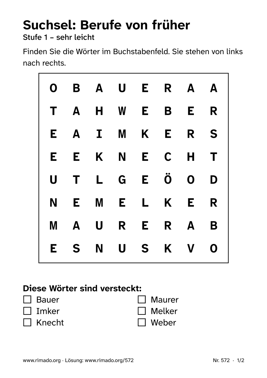 Vorschau der Druckseite: Suchsel „Berufe von früher“, Nr. 572