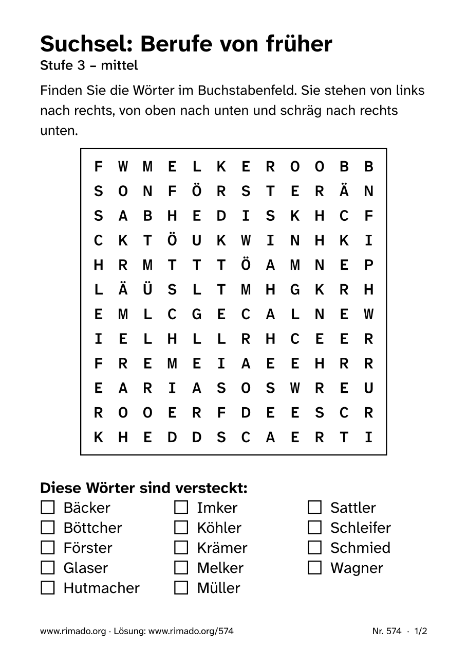 Vorschau der Druckseite: Suchsel „Berufe von früher“, Nr. 574