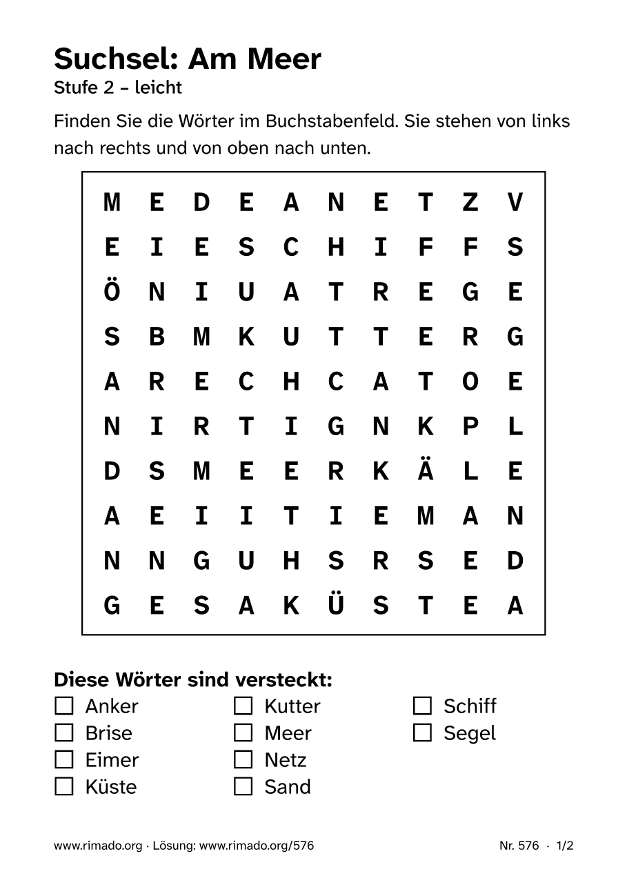 Vorschau der Druckseite: Suchsel „Am Meer“, Nr. 576